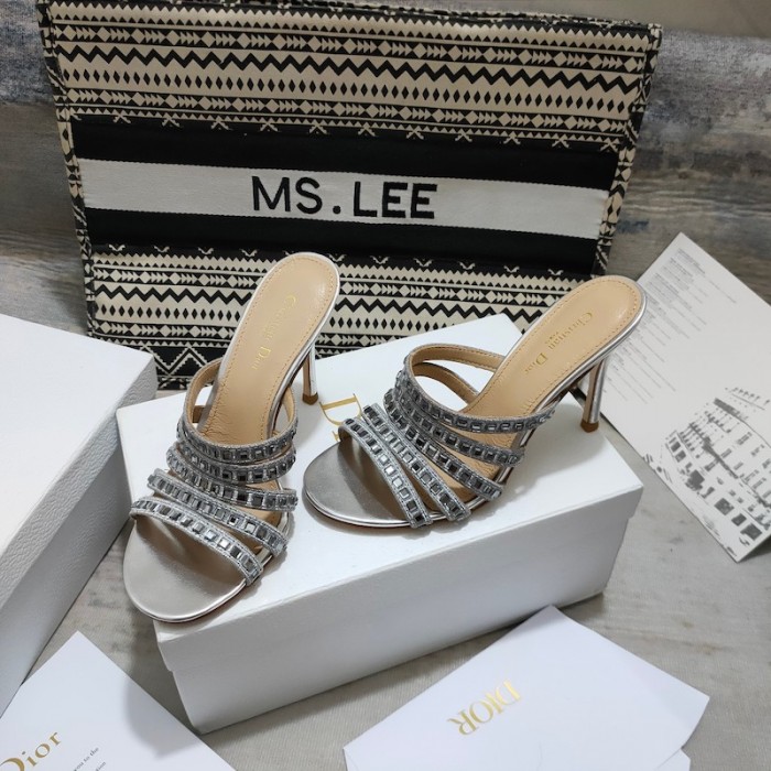 D*or gem heeled slide silver cotton embroidered with metallic thread and square strass