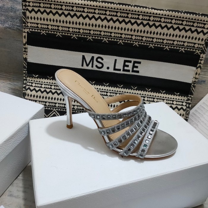 D*or gem heeled slide silver cotton embroidered with metallic thread and square strass