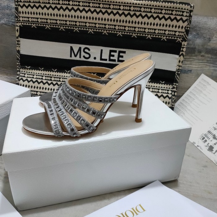 D*or gem heeled slide silver cotton embroidered with metallic thread and square strass
