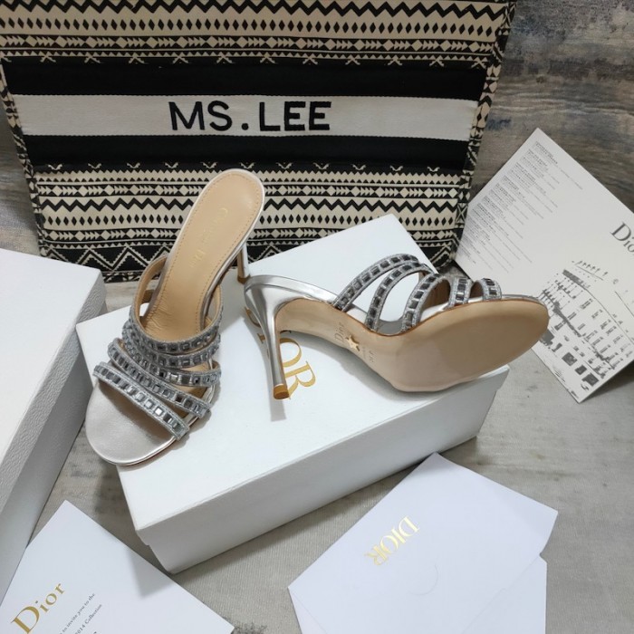 D*or gem heeled slide silver cotton embroidered with metallic thread and square strass
