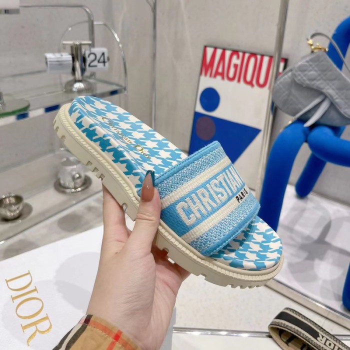 D*or dway slide cornflower blue embroidered cotton with micro houndstooth motif