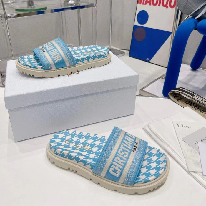 D*or dway slide cornflower blue embroidered cotton with micro houndstooth motif