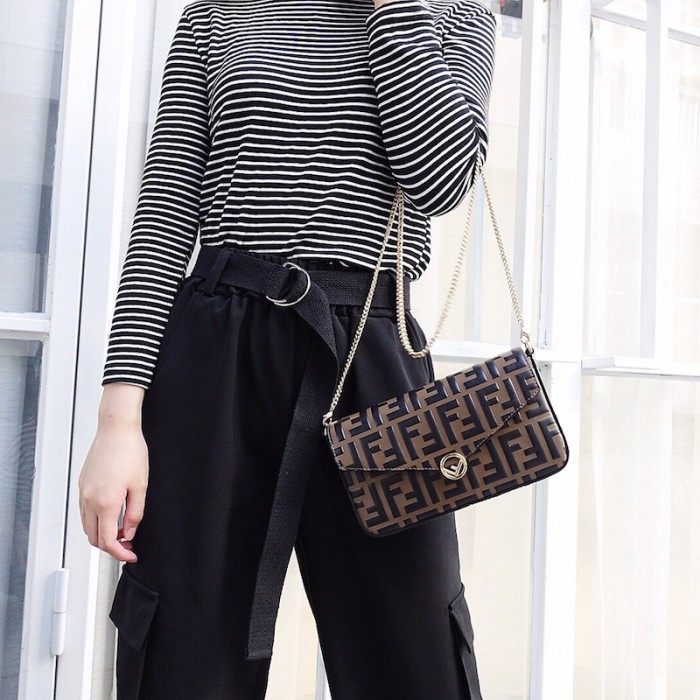 F**di wallet on chain with pouches brown ff leather