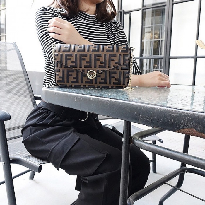 F**di wallet on chain with pouches brown ff leather