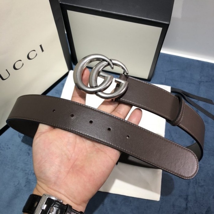 G*u*i leather belt with double g buckle 400593 chocolate