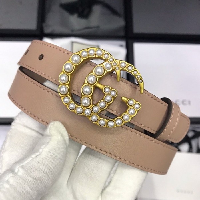G*u*i skinny belts for women with double g buckle pearl pink