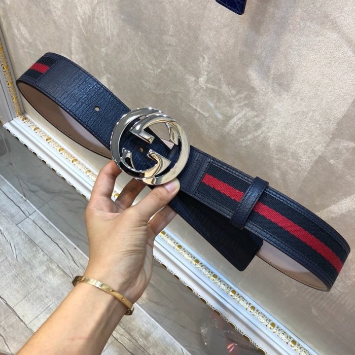 G*u*i stripe leather belt blue red
