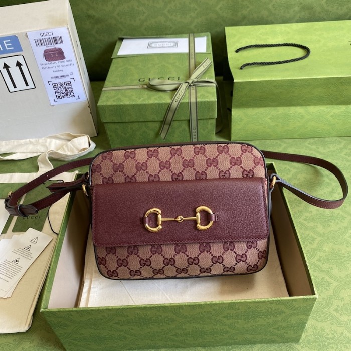 G*u*i horsebit 1955 small bag ‎burgundy gg canvas