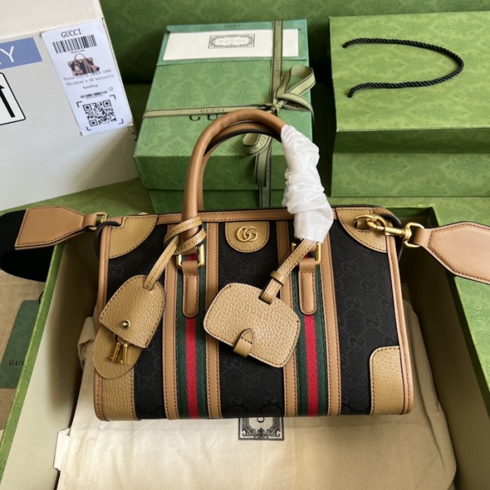 G*u*i small top handle bag with double g ‎715772 brown w/ canvas