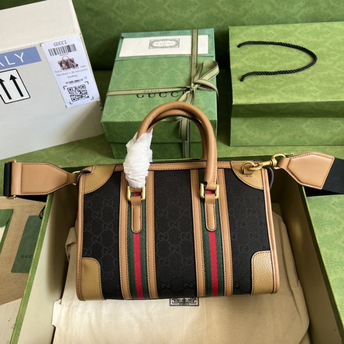 G*u*i small top handle bag with double g 715772 brown w/ canvas