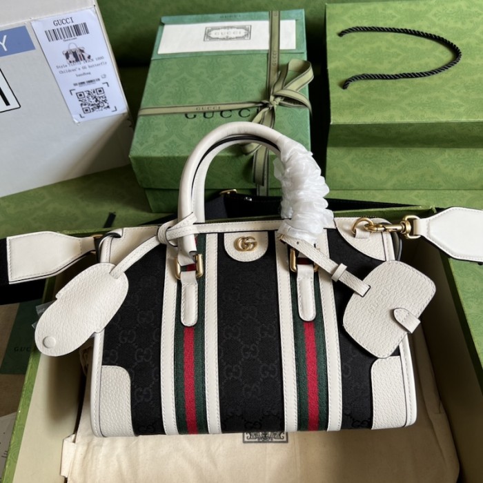 G*u*i small top handle bag with double g ‎715772 white w/ canvas