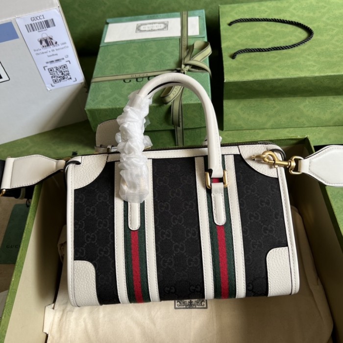 G*u*i small top handle bag with double g 715772 white w/ canvas