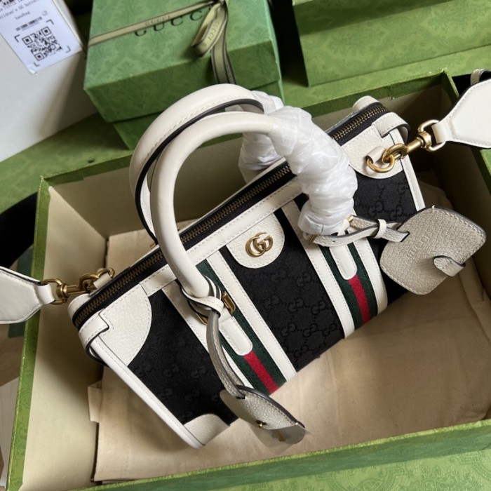 G*u*i small top handle bag with double g 715772 white w/ canvas