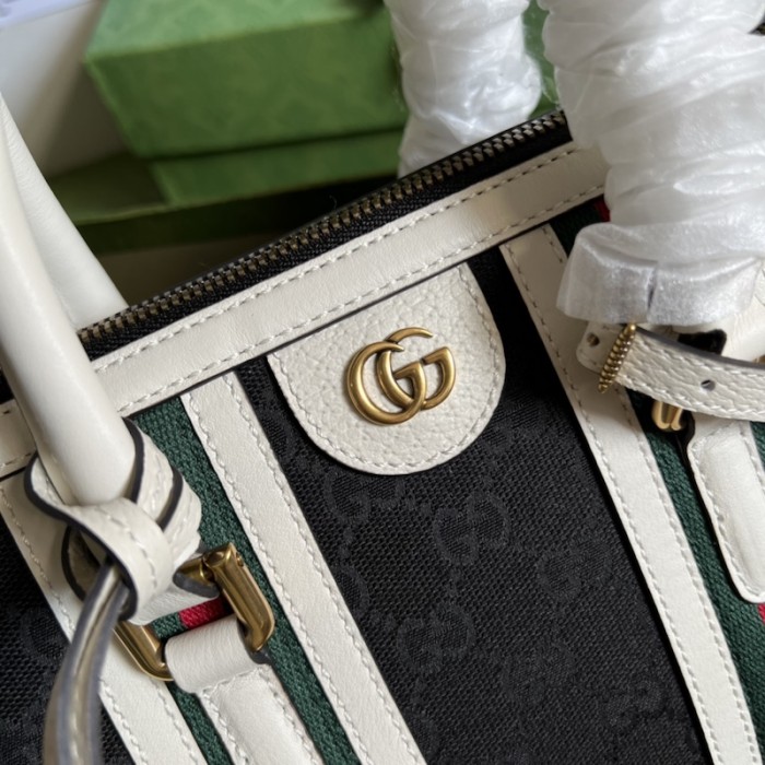 G*u*i small top handle bag with double g 715772 white w/ canvas