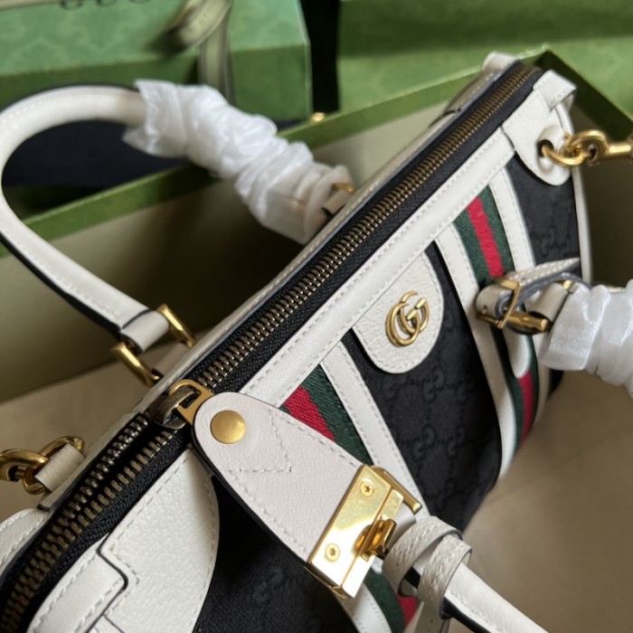 G*u*i small top handle bag with double g 715772 white w/ canvas