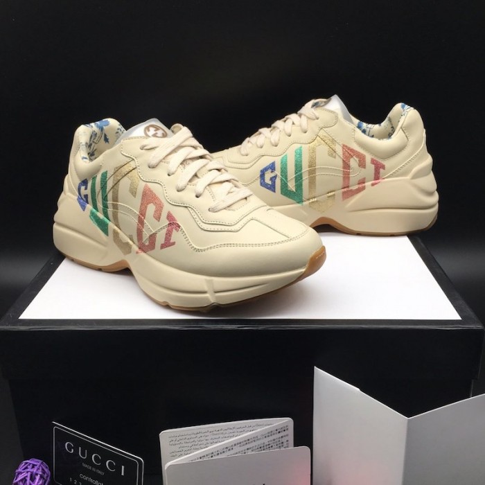 G*u*i rhyton leather sneaker with rainbow logo print