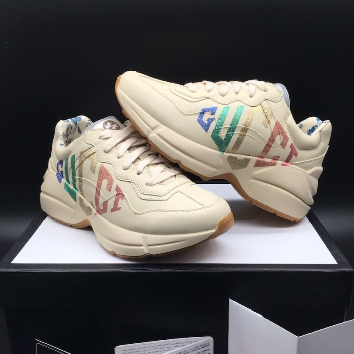 G*u*i rhyton leather sneaker with rainbow logo print