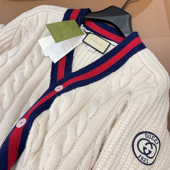 G*u*i cable wool knit cardigan with web 763373