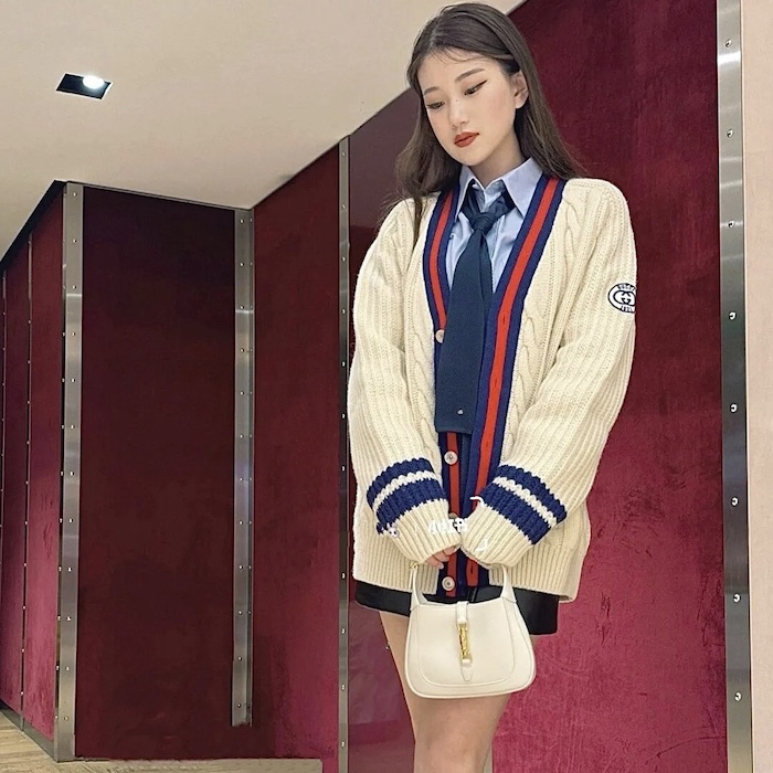 G*u*i cable wool knit cardigan with web 763373