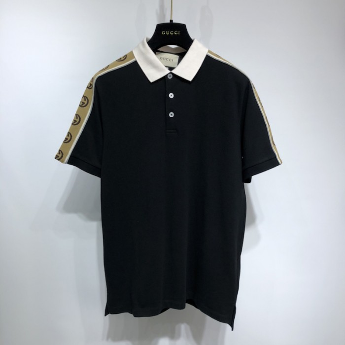 G*u*i cotton polo with interlocking g stripe black