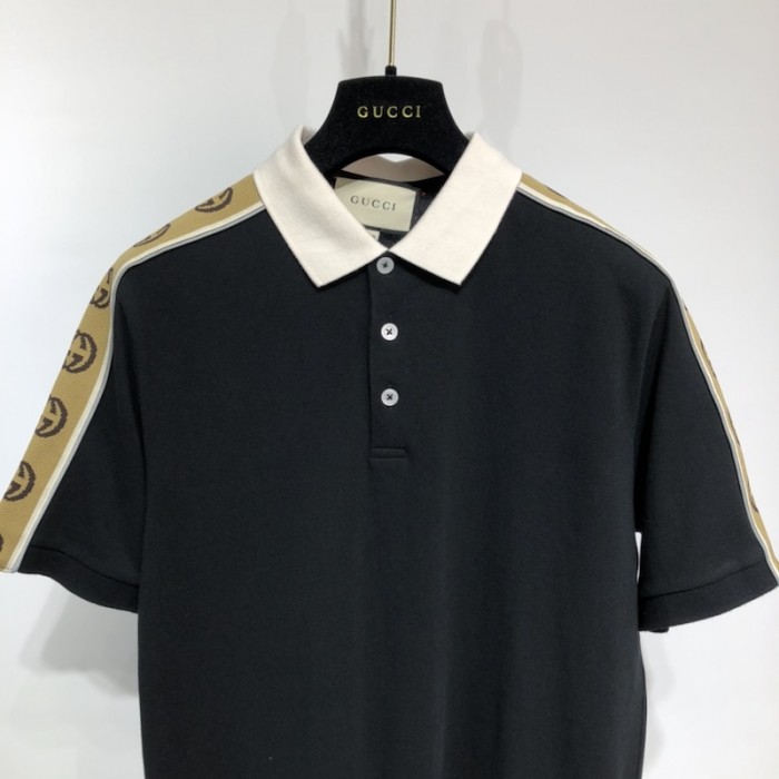 G*u*i cotton polo with interlocking g stripe black