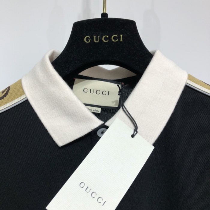 G*u*i cotton polo with interlocking g stripe black