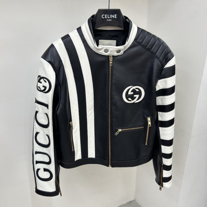 G*u*i goat leather biker jacket with G*u*i script