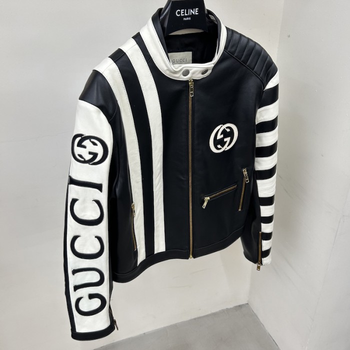 G*u*i goat leather biker jacket with G*u*i script