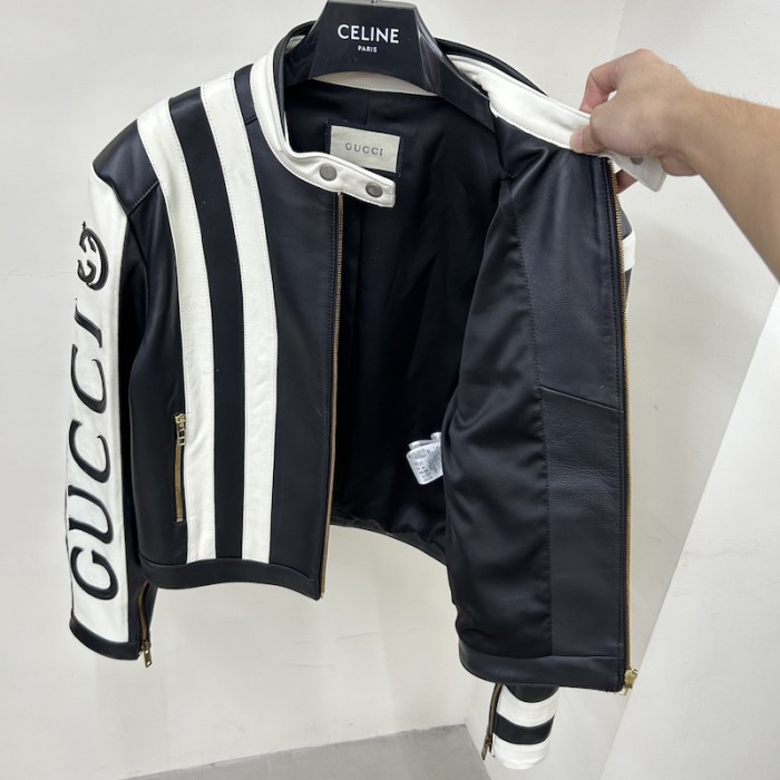 G*u*i goat leather biker jacket with G*u*i script