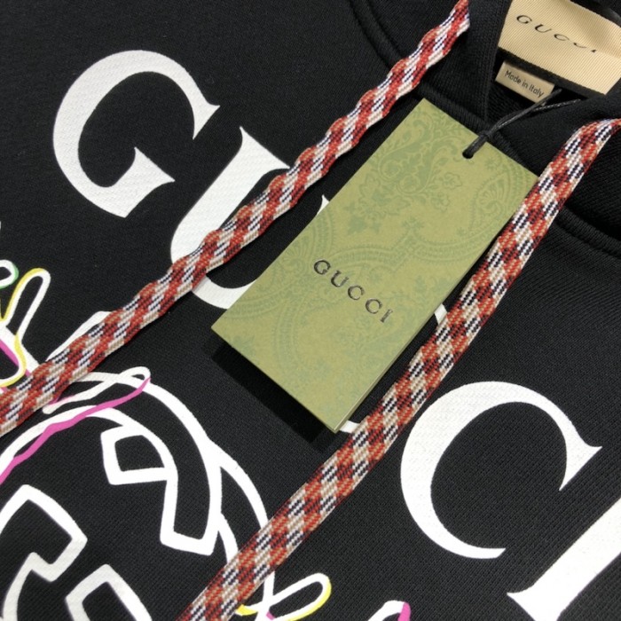 G*u*i vintage logo bunny print cotton jersey hoodies black
