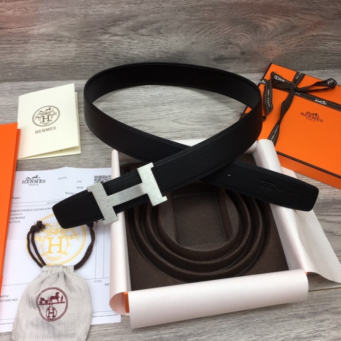 H**mes men''s reversible togo leather 38mm belt black / silver