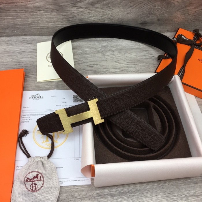 H**mes men''s reversible togo leather 38mm belt chocolate / gold