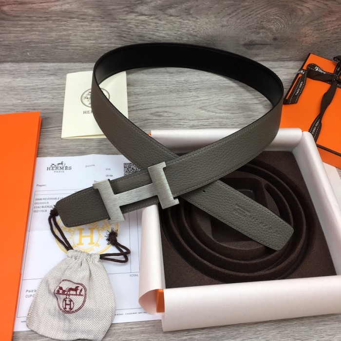 H**mes men''s reversible togo leather 38mm belt grey / silver