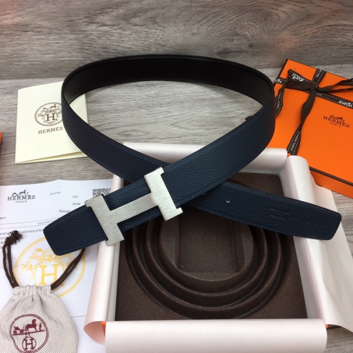 H**mes men''s reversible togo leather 38mm belt navy / silver