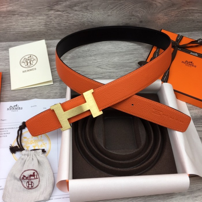 H**mes men''s reversible togo leather 38mm belt orange / gold