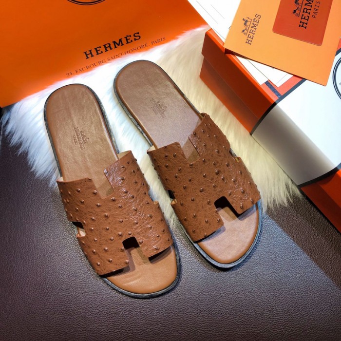 H**mes men izmir sandals in ostrich skin tan
