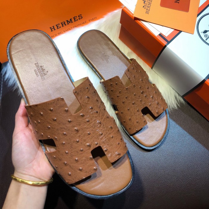 H**mes men izmir sandals in ostrich skin tan