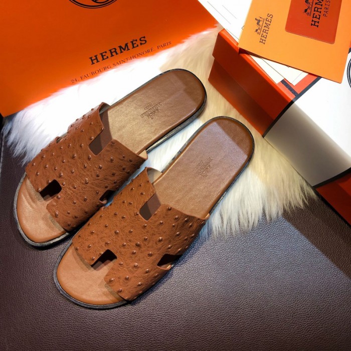H**mes men izmir sandals in ostrich skin tan