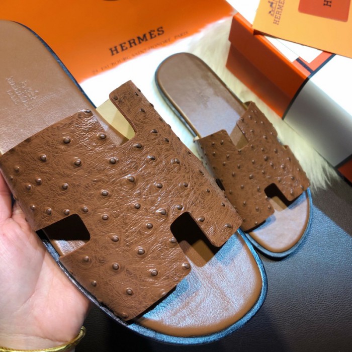 H**mes men izmir sandals in ostrich skin tan