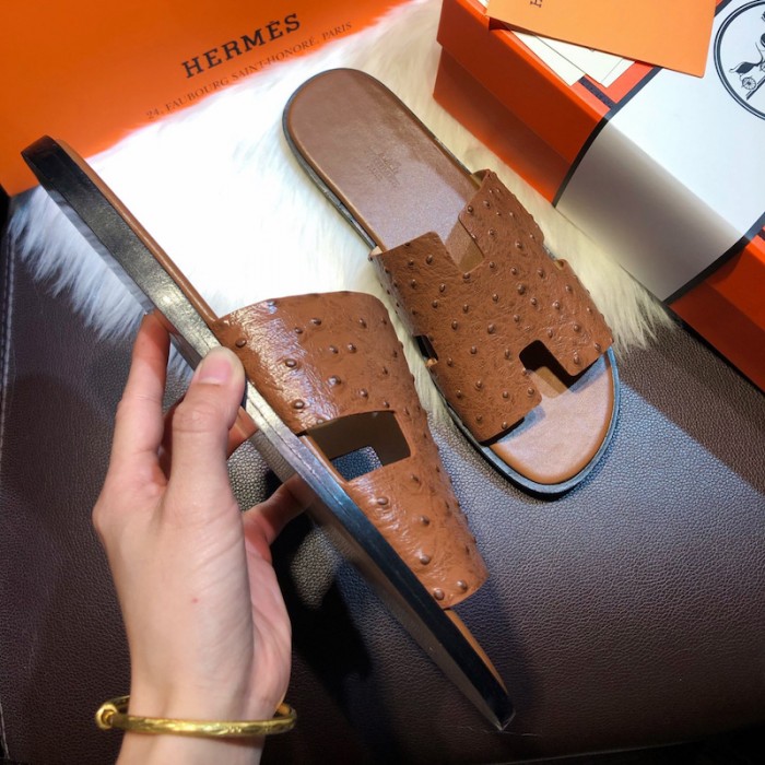 H**mes men izmir sandals in ostrich skin tan