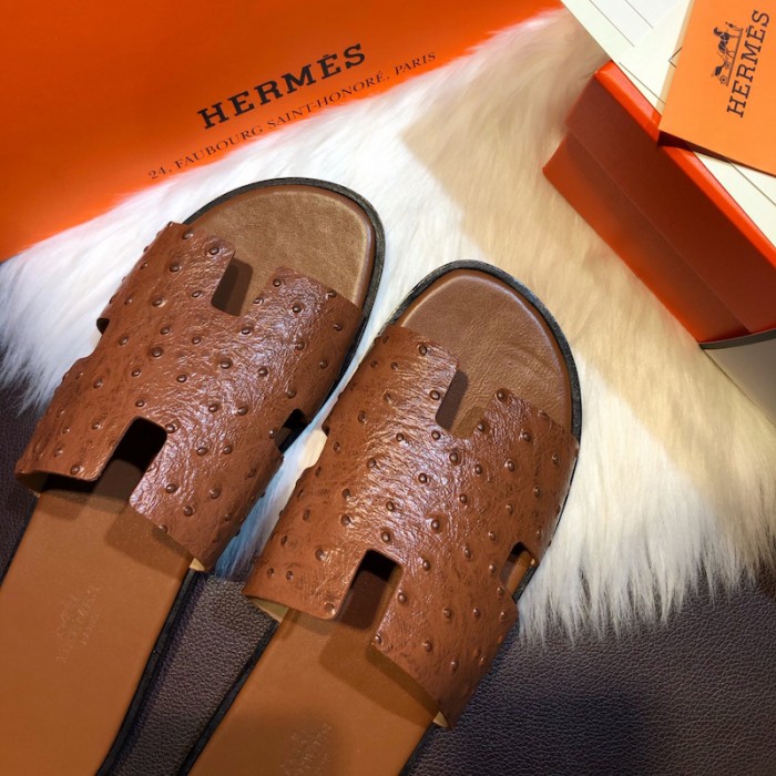 H**mes men izmir sandals in ostrich skin tan