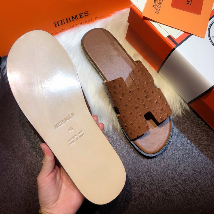 H**mes men izmir sandals in ostrich skin tan