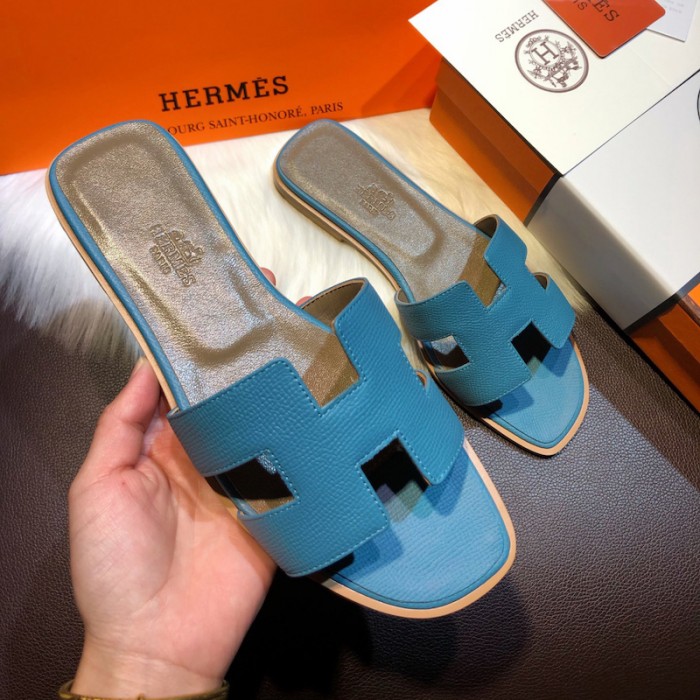 H**mes women oran sandals in epsom leather blue jean