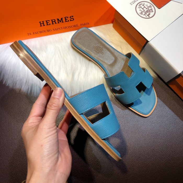H**mes women oran sandals in epsom leather blue jean
