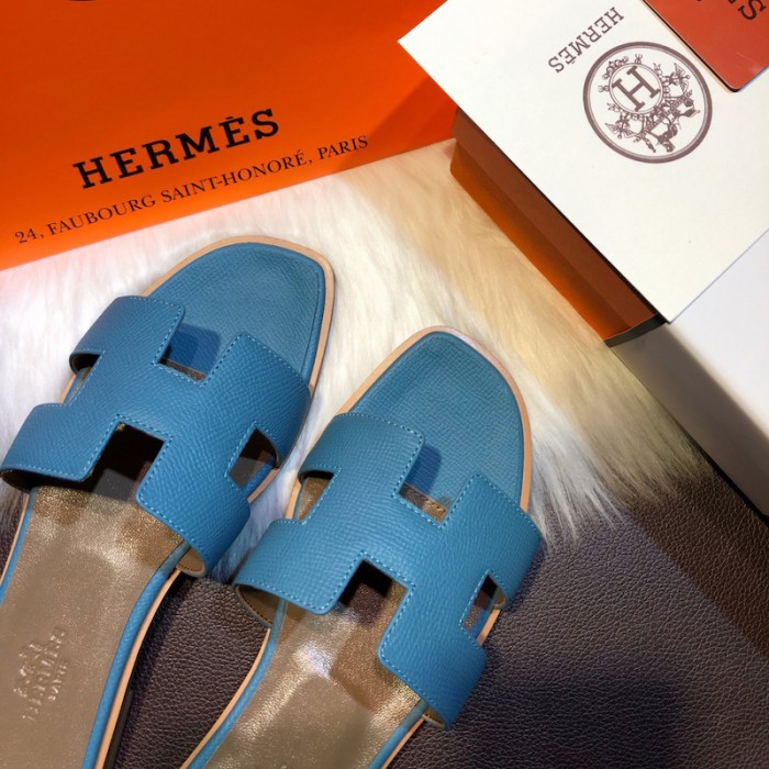 H**mes women oran sandals in epsom leather blue jean