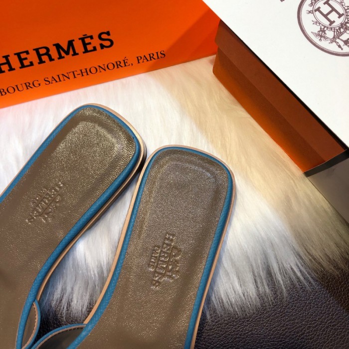 H**mes women oran sandals in epsom leather blue jean