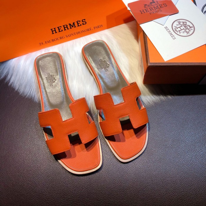 H**mes women oran sandals in epsom leather orange