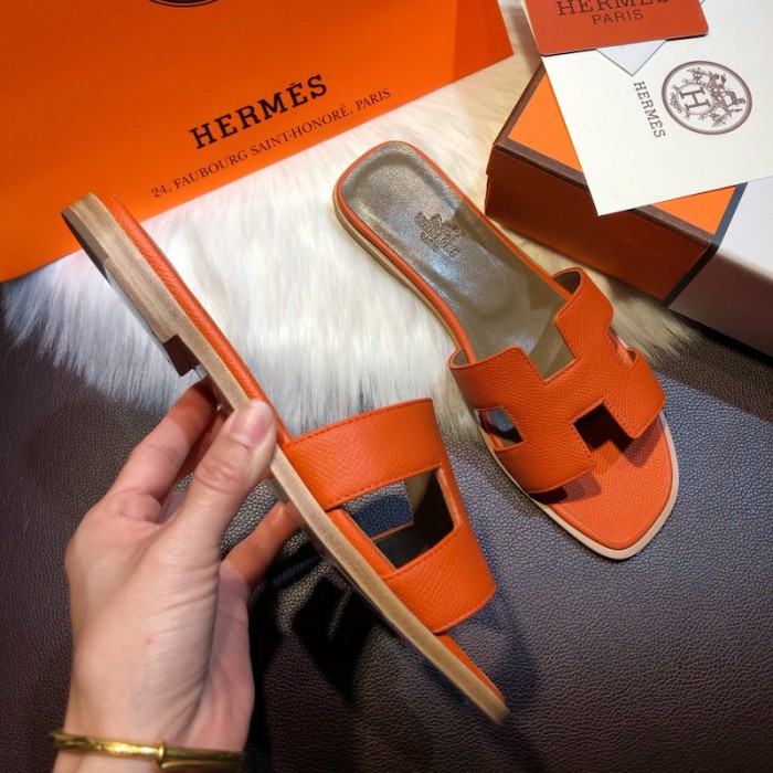 H**mes women oran sandals in epsom leather orange