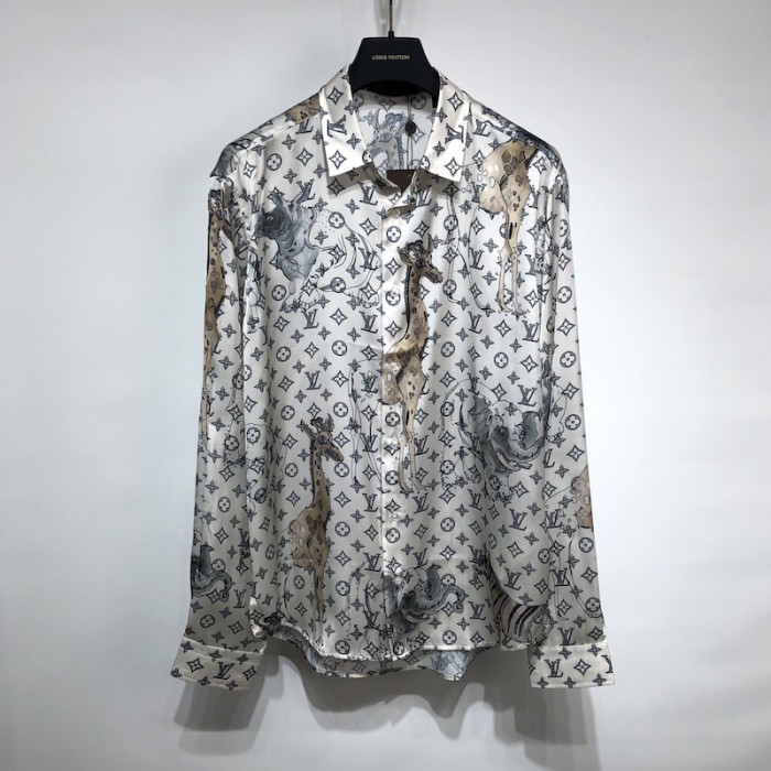 l**is V*t*n monogram giraffe elephant long sleeve shirt white