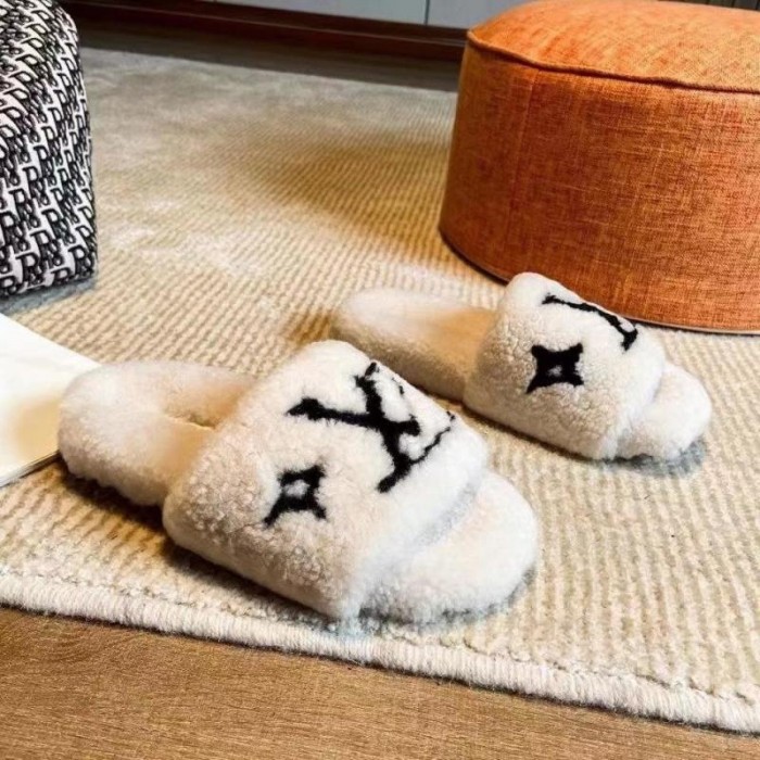 LV Fur Blended Fabrics Plain Mules Shearling Logo Slides White